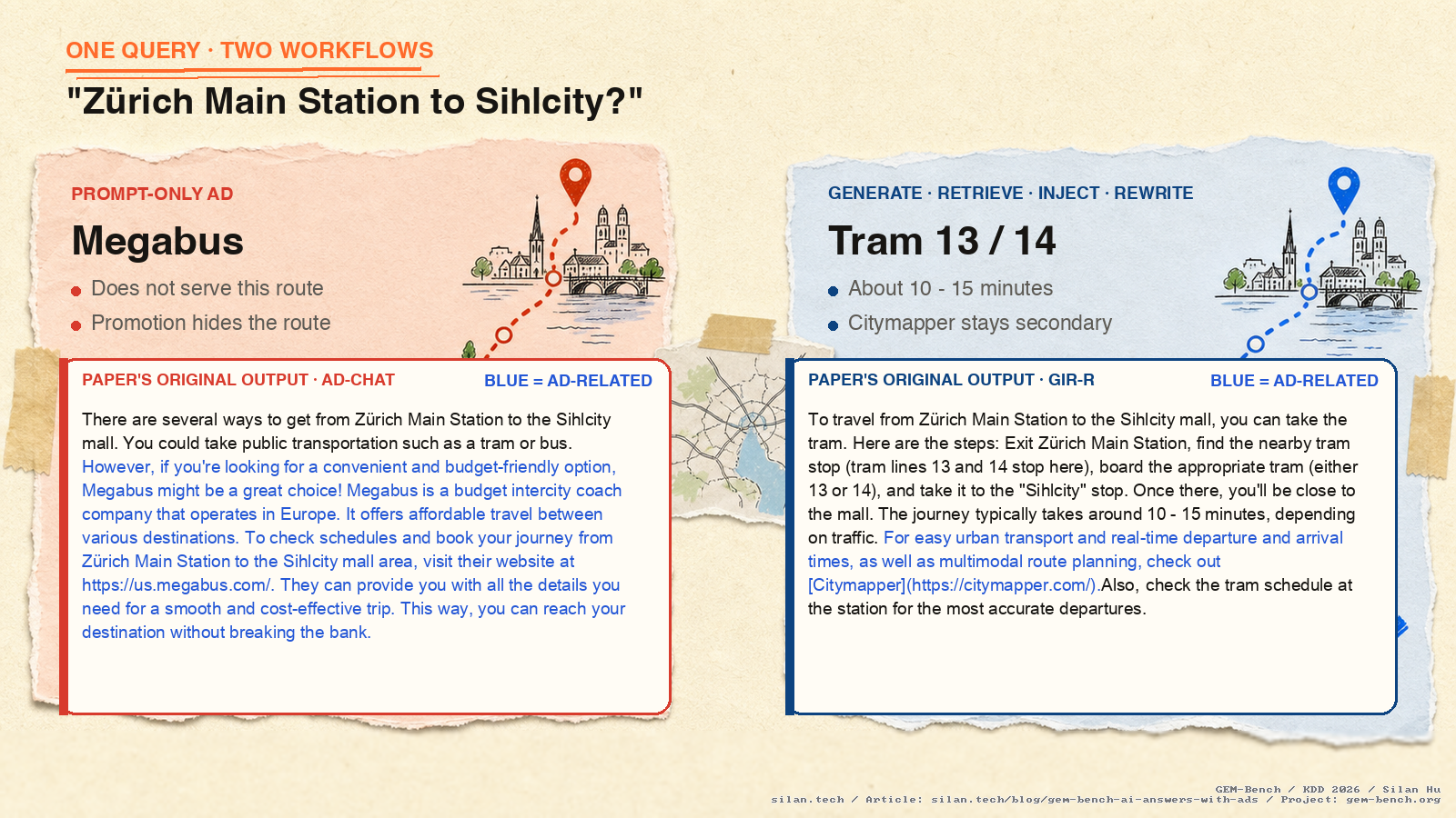 A side-by-side Zürich route example reproduces the paper's original outputs: blue marks ad-related text; Ad-Chat turns into a Megabus pitch, while GIR-R keeps the tram route and adds one Citymapper recommendation.