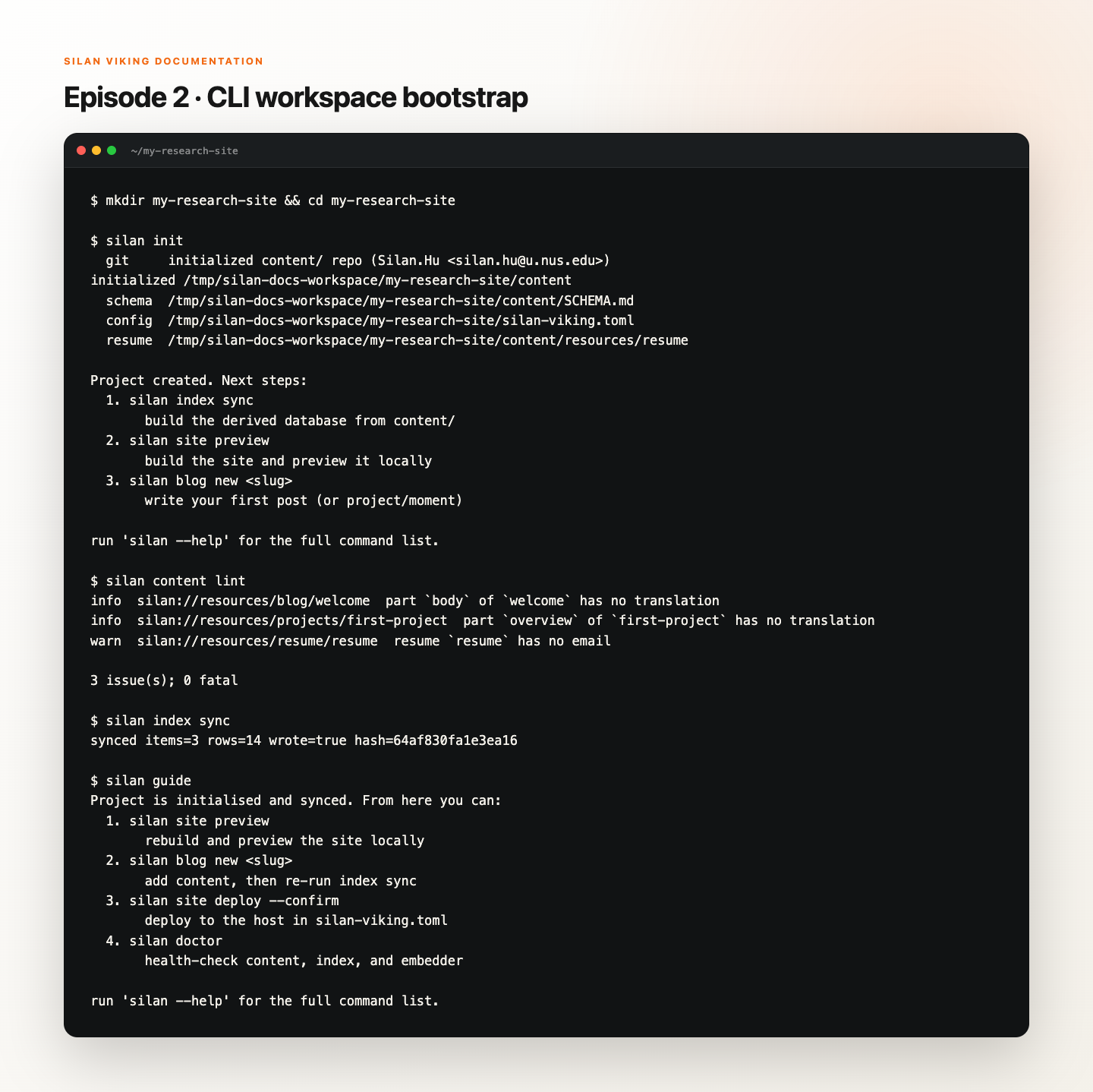 A clean CLI workspace after initialization, linting, indexing, and the guided next step.