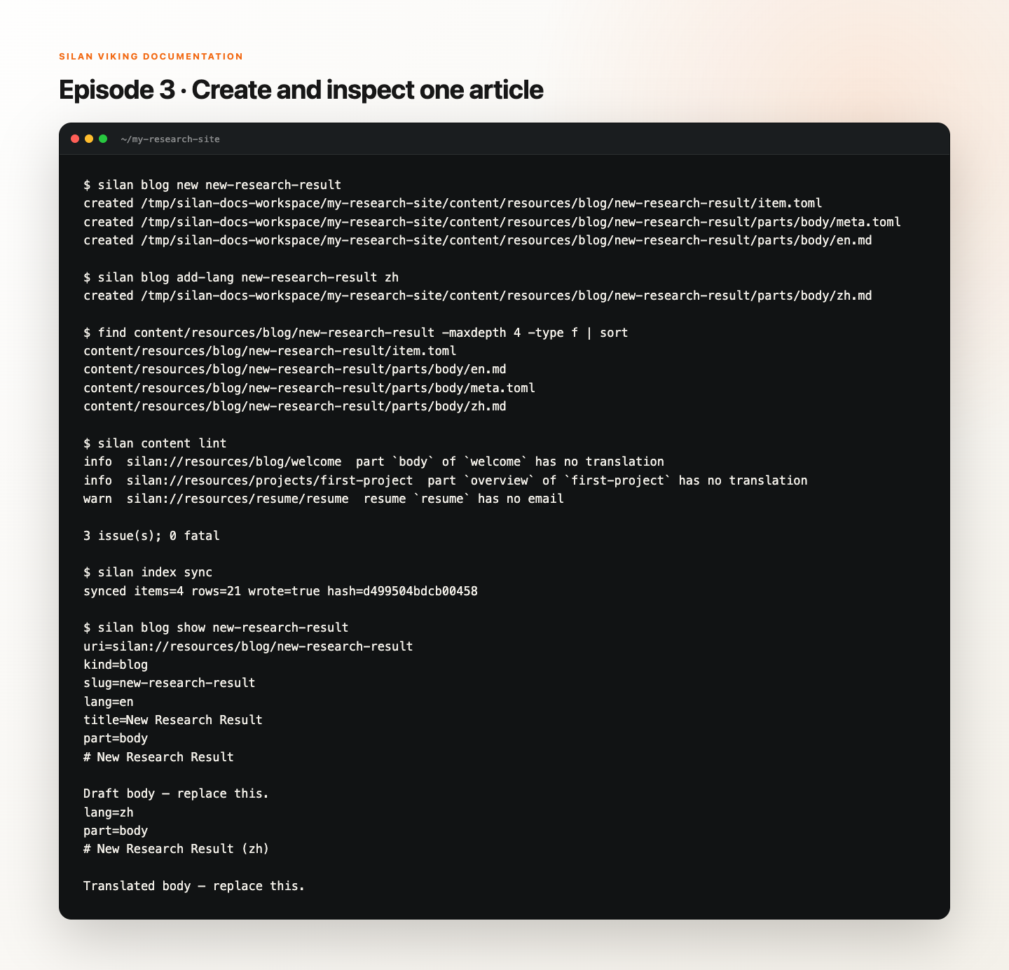 Create the article, add a language file if needed, validate the source, and inspect what the system parsed.