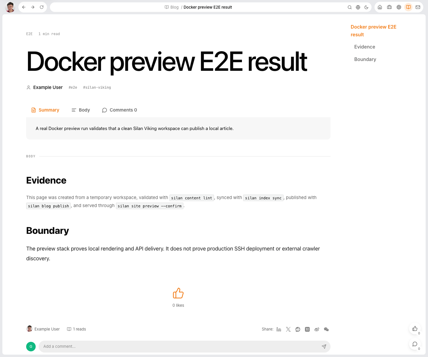 通过 CLI 创建、校验、索引、发布并完成 API 检查后,在 Docker preview 栈中渲染出的公开文章。